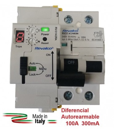 Diferencial Autorrearmable 100A 300mA 2 polos tipo AC 10kA contador LED