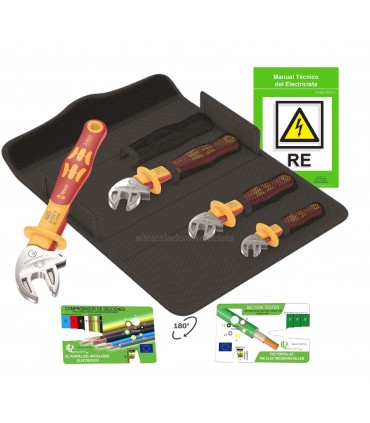 Juego de llave Joker de boca autoajustable de Wera con Riesgo electrico y comprobador de secciones de PLC