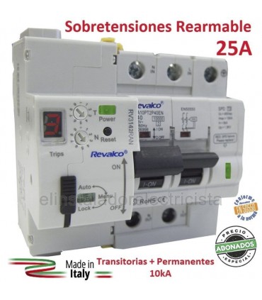 Sobretensiones 25A Combinado Rearmable LED Permanentes + Transitorias