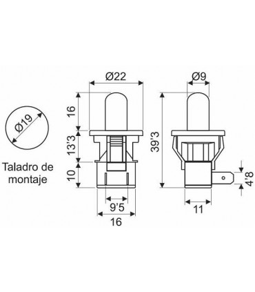 Pulsador empotrable Ø19mm salida axial (Pack 10 unidades)